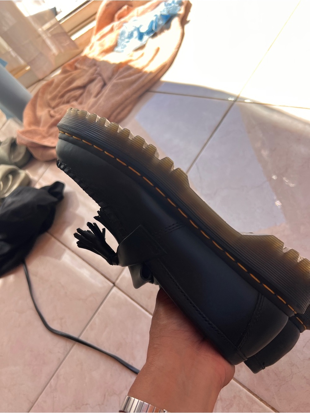 Dr. Martens Black Leather Tassel Loafers with Yellow Stitching LIKE NEW! Sz 9 - Picture 5 of 11